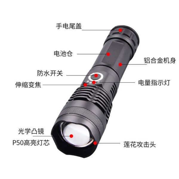 Telescopic zoom flashlight, P50 long-range，aluminum alloy, USB charging, outdoor lighting, high-intensity flashlight - Image 4