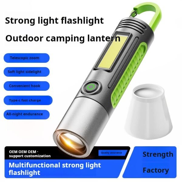 White laser high-intensity flashlight, multifunctional outdoor lighting, camping light, work light, tent light, focus-adjustable LED light.