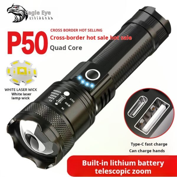 White laser flashlight, high-intensity rechargeable, outdoor ultra-bright long-range, household zoomable LED, portable phone charging