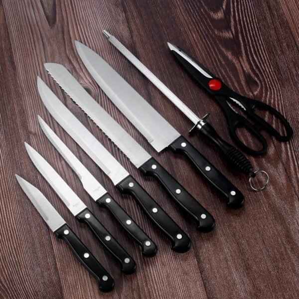 15-piece kitchen knife set with solid wood stand from Yangjiang, including a full set of household kitchen knives with plastic handles and multi-functional knives - Image 3