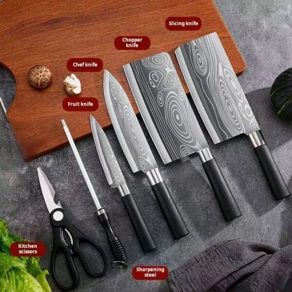 Household kitchen knife set, Damascus laser-patterned cutting blade, bone chopping knife, stainless steel kitchen knife set, kitchen knife combination - Image 2