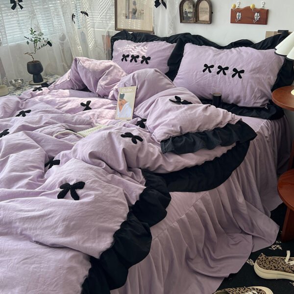 Princess style bow tie bed four piece set washed cotton quilt cover - Image 3
