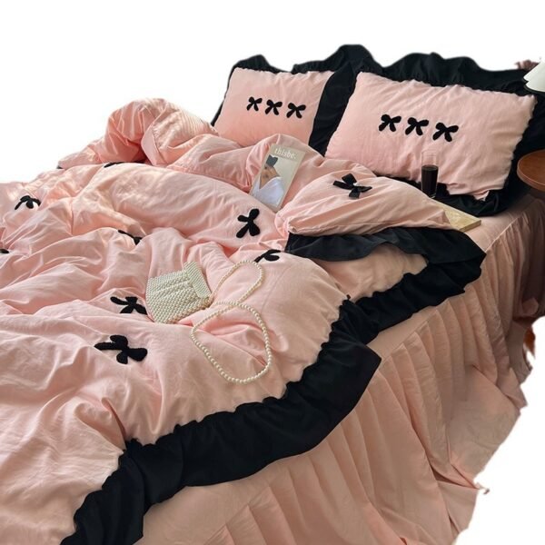 Princess style bow tie bed four piece set washed cotton quilt cover - Image 5