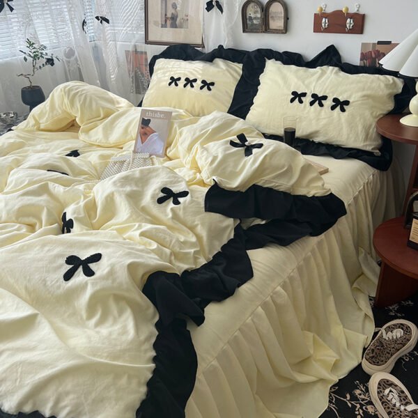 Princess style bow tie bed four piece set washed cotton quilt cover - Image 2