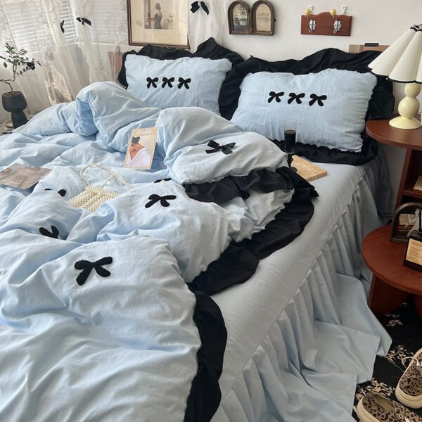 Princess style bow tie bed four piece set washed cotton quilt cover - Image 4