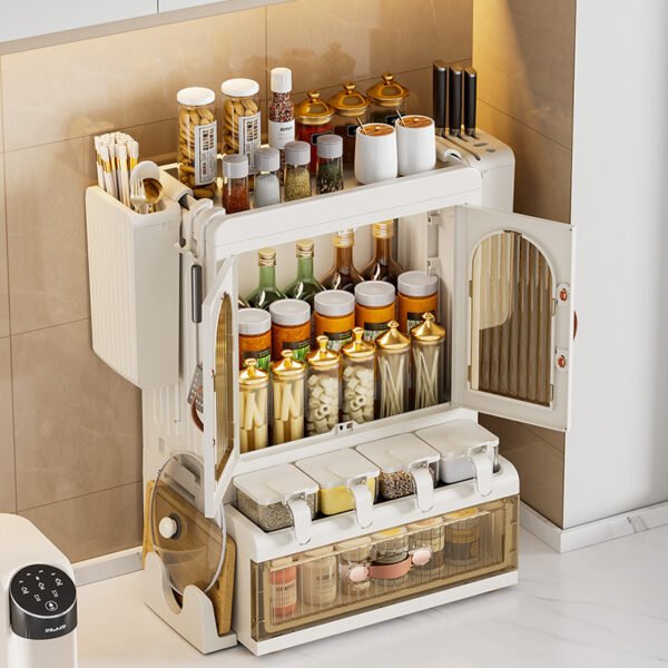 Kitchen supplies seasoning storage rack countertop oil salt sauce vinegar bottle storage with door knife holder chopstick holder multifunctional set - Image 3