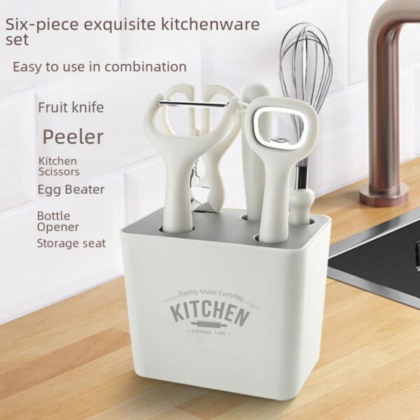 Kitchen Scissors, Fruit Knife, Vegetable Peeler, Egg Beater, Bottle Opener Set with Storage Base, Multifunctional Baby Food Tool