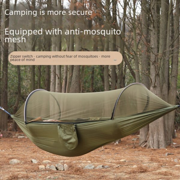 Outdoor camping anti-rollover nylon hammocks with mosquito nets, single and double automatic quick-opening pole mosquito nets, hammocks - Image 3