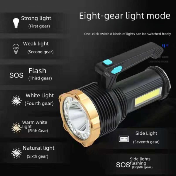 Plastic portable light, rechargeable high-intensity long-range household outdoor searchlight, lightweight with side light, led flashlight - Image 4