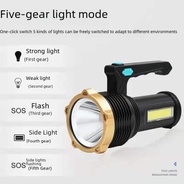 Plastic portable light, rechargeable high-intensity long-range household outdoor searchlight, lightweight with side light, led flashlight - Image 3