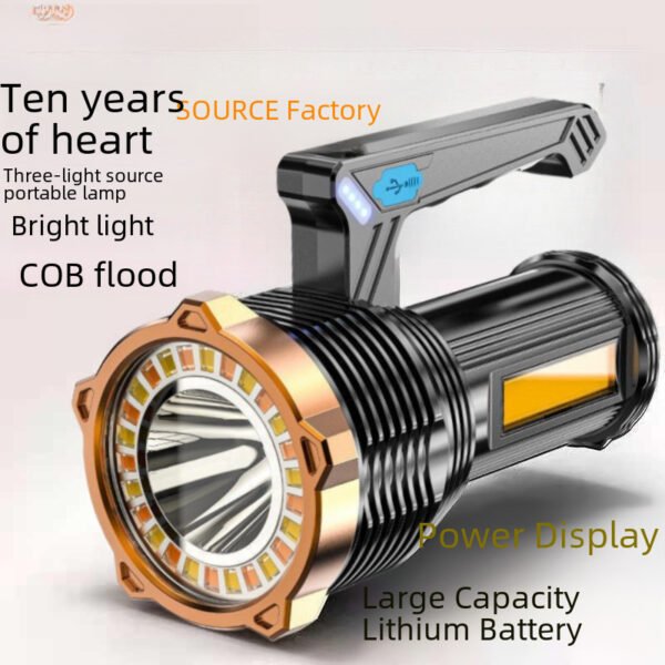 Plastic portable light, rechargeable high-intensity long-range household outdoor searchlight, lightweight with side light, led flashlight