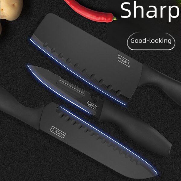 Home Stainless Steel Knife Set, Seven-Piece Kitchen Retro Fruit Knife and Vegetable Knife Set with Stand and Cutting Board - Image 3