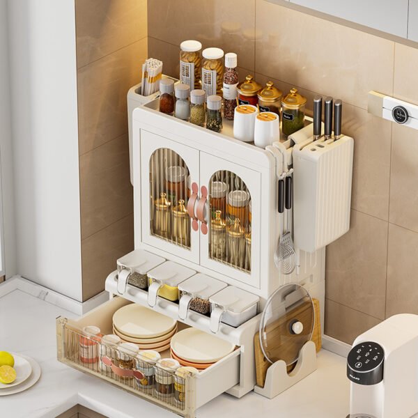 Kitchen supplies seasoning storage rack countertop oil salt sauce vinegar bottle storage with door knife holder chopstick holder multifunctional set - Image 4