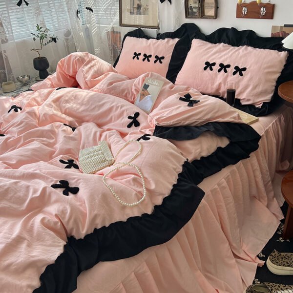 Princess style bow tie bed four piece set washed cotton quilt cover