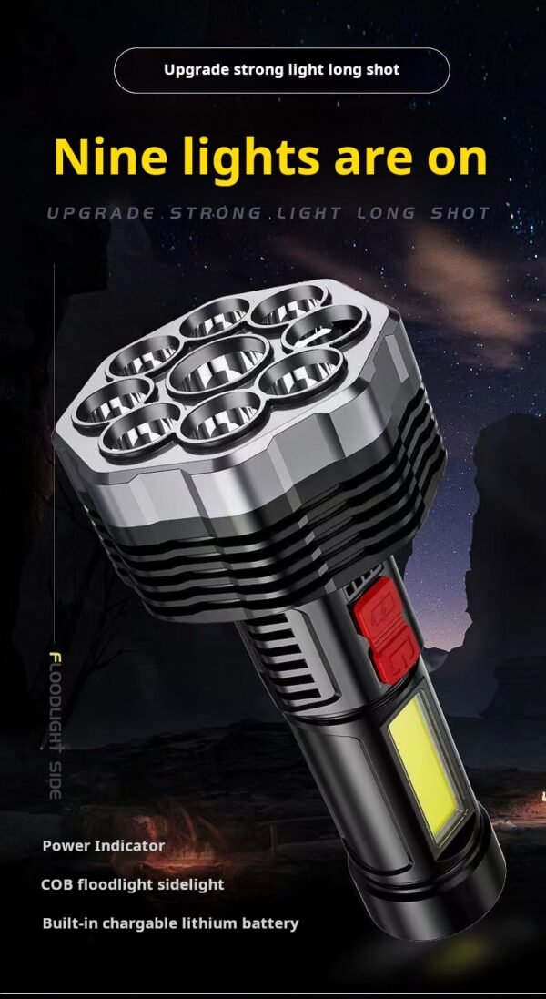Strong outdoor flashlight with 100,000 lumens, 10 nuclear explosion capacity, USB rechargeable led portable light, multi-functional lighting lamp - Image 4