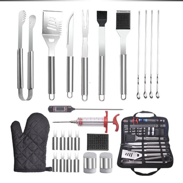 A 25-piece set of outdoor barbecue tools, including BBQ stainless steel multi-functional meat spatulas, forks, food tongs, cloth bags, and temperature skewers - Image 4