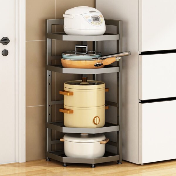 Kitchen storage rack, floor to ceiling multi-layer cookware rack, gun gray corner three legged storage rack, discharge rice pot rack - Image 2