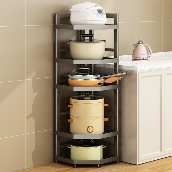 Kitchen storage rack, floor to ceiling multi-layer cookware rack, gun gray corner three legged storage rack, discharge rice pot rack - Image 4