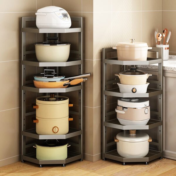 Kitchen storage rack, floor to ceiling multi-layer cookware rack, gun gray corner three legged storage rack, discharge rice pot rack