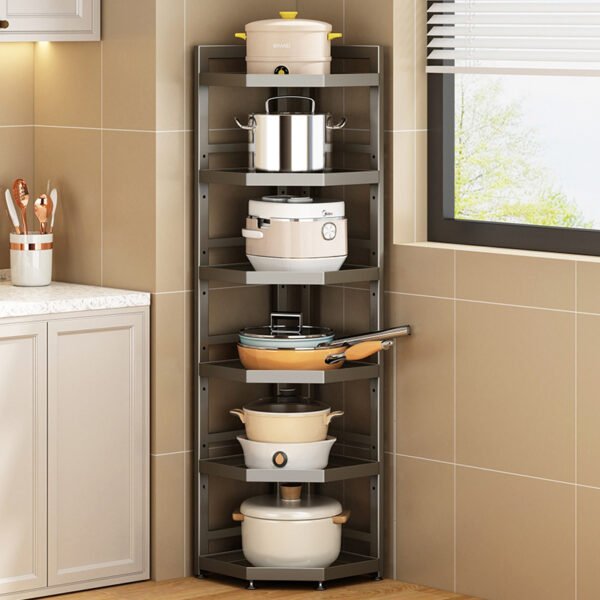 Kitchen storage rack, floor to ceiling multi-layer cookware rack, gun gray corner three legged storage rack, discharge rice pot rack - Image 3