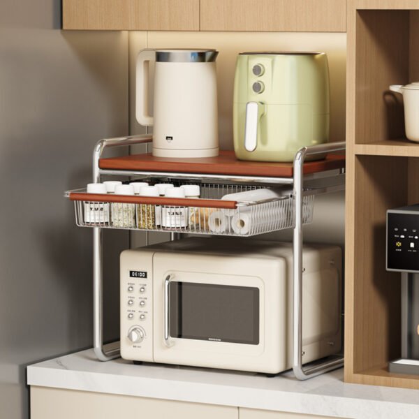 Middle aged solid wood microwave oven storage rack, kitchen countertop, oven bracket, multifunctional storage, rice cooker tray, storage - Image 2