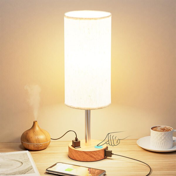 Small night light, wood grain three tone touch dimming cloth cover, bedside lamp, American decorative table lamp