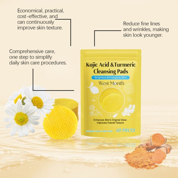 West&Month Turmeric and kojic acid cleansing pads, brightening, cleansing, gently moisturizing, nourishing and caring facial cleansing pads - Image 8